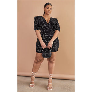 PLT PLUS BLACK POLKA DOT PUFF SLEEVE TEA DRESS